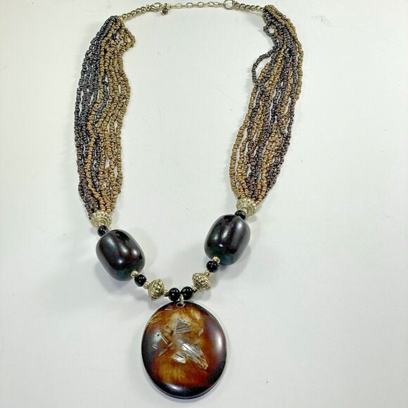 Resin Shell Inlay Oval Pendant and Beaded Necklace Brown Tan Gold Tone Chunky - Picture 2 of 16